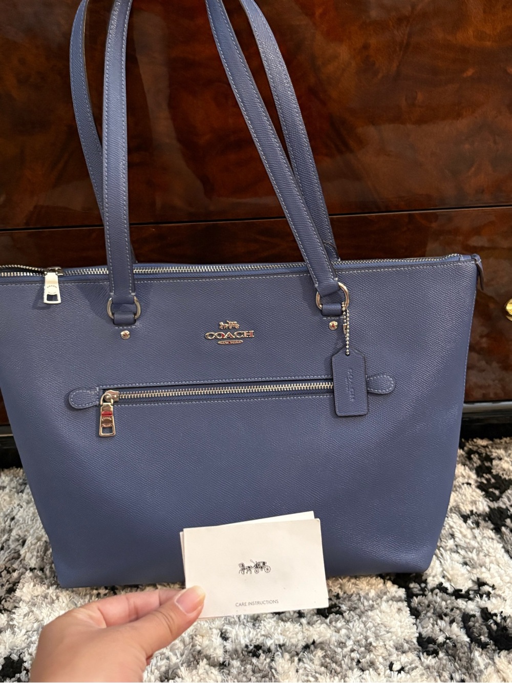 Coach Navy Blue Leather Zip-Top Tote with Front Pocket